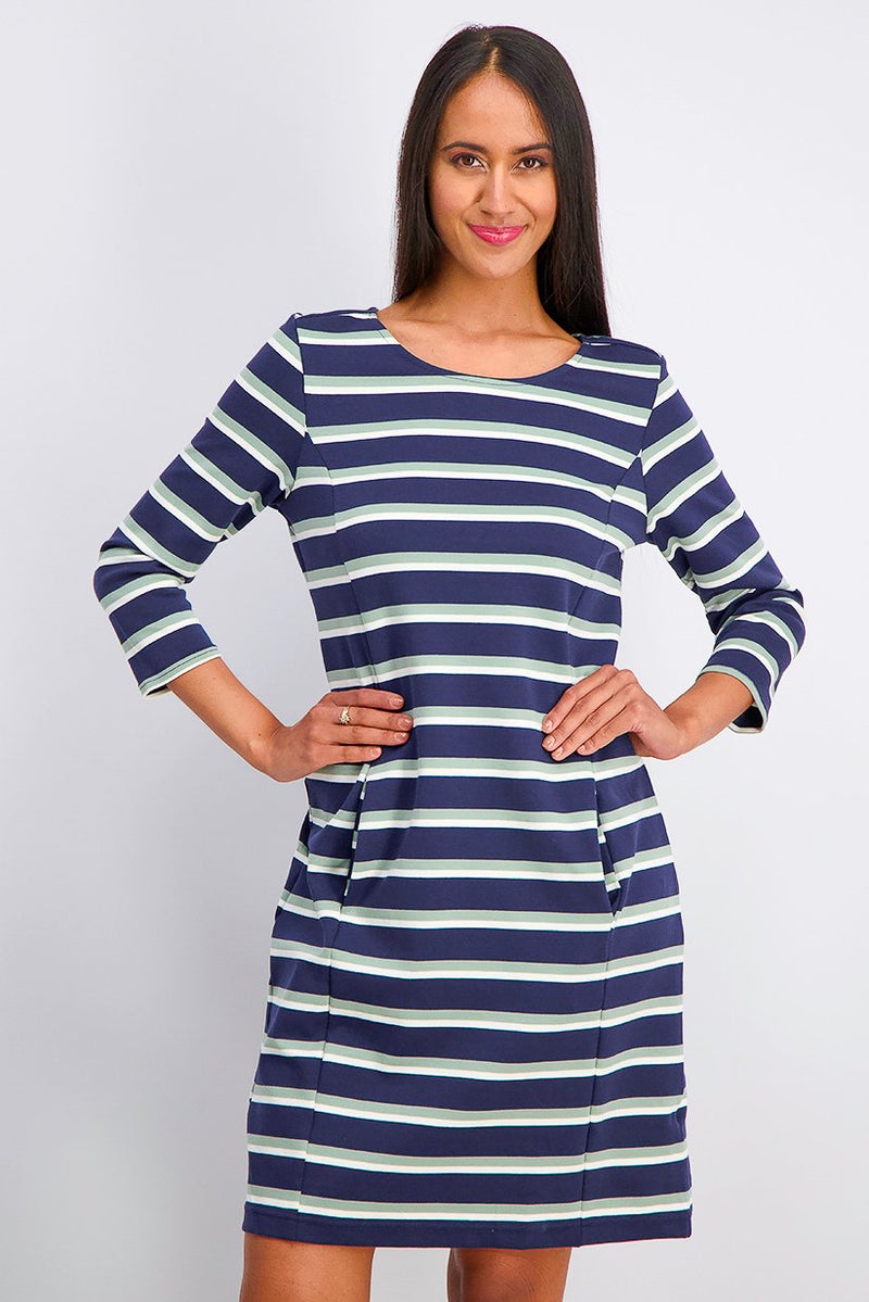Women Stripe Midi Dress, Navy Combo