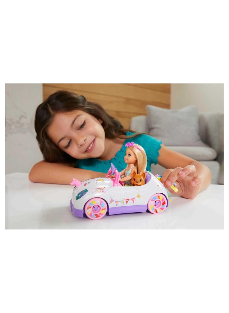 Barbie ​ Club Chelsea Doll 6 inch Blonde with Unicorn Themed Car, Pet Puppy, Sticker Sheet And Accessories