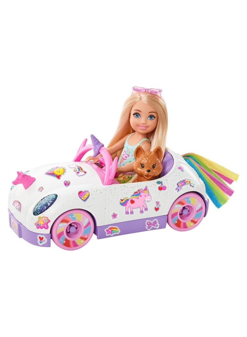 Barbie ​ Club Chelsea Doll 6 inch Blonde with Unicorn Themed Car, Pet Puppy, Sticker Sheet And Accessories