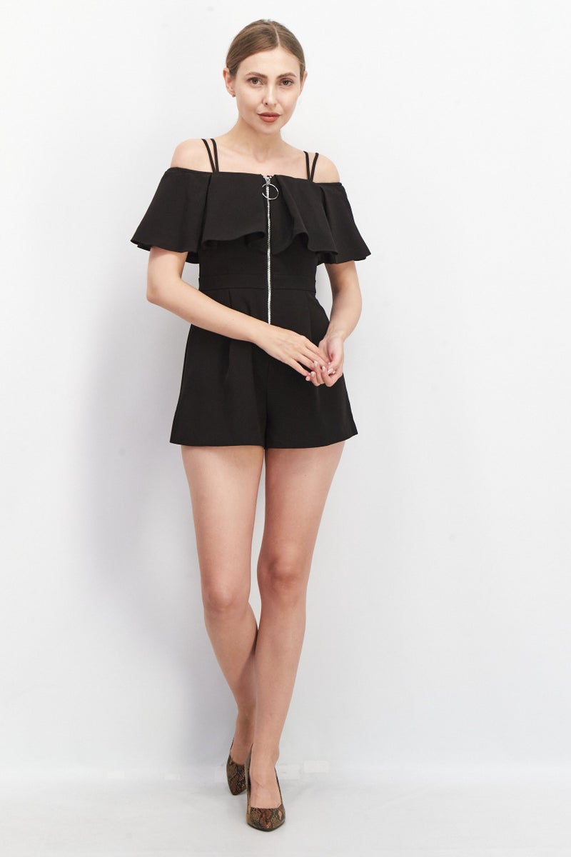 Women Solid Sleeveless Playsuits, Black