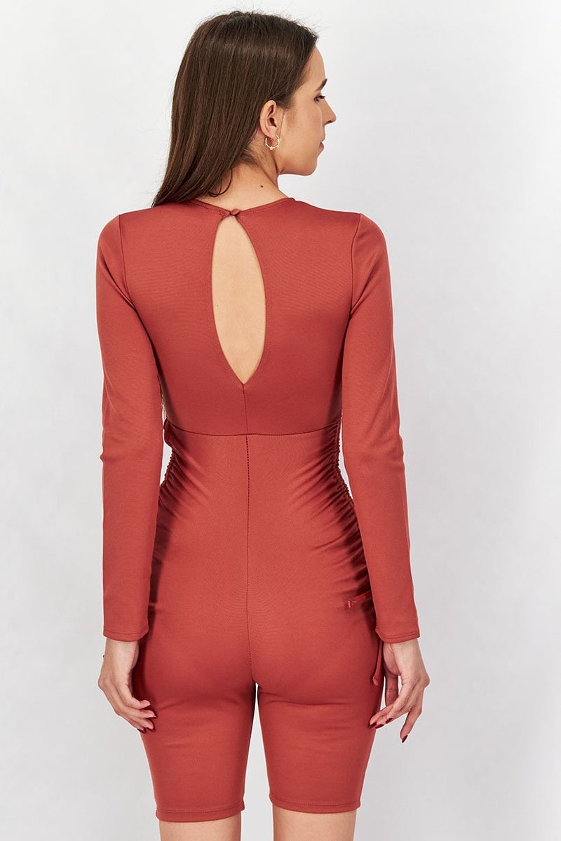 Women Solid Ruched Side Long Sleeves Playsuit, Rust