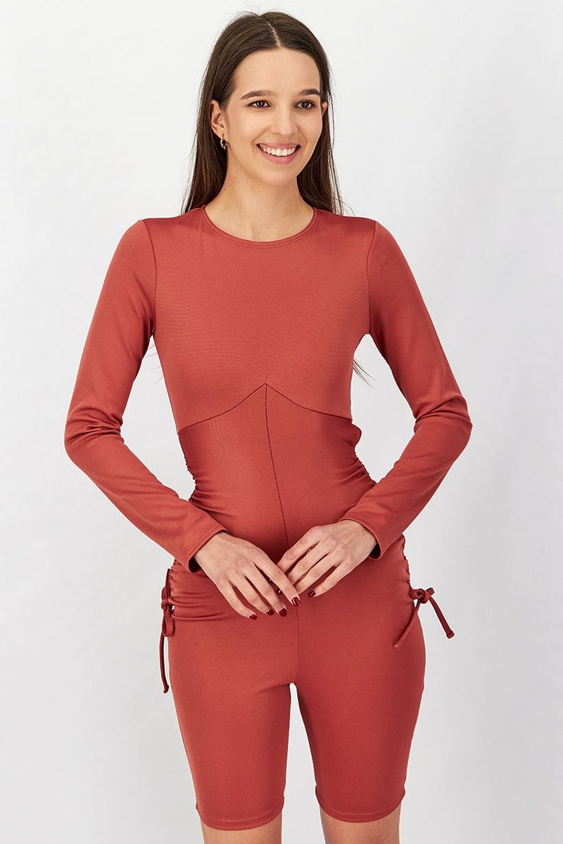 Women Solid Ruched Side Long Sleeves Playsuit, Rust