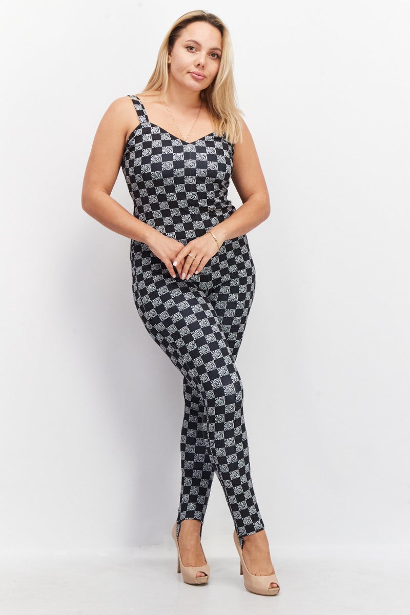 Women Allover Print Sleeveless Jumpsuit, Black