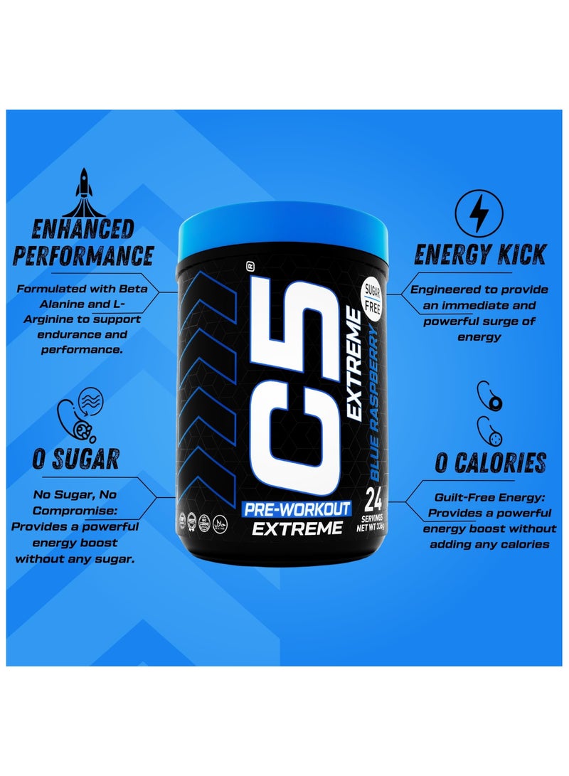 C5 Extreme Pre Workout Powder Blue Raspberry - 24 Servings, 200mg High Caffeine- Sugar Free-Zero Calories-Beta Alanine-Citrulline Malate, High-Performance PreWorkout Booster Supplement