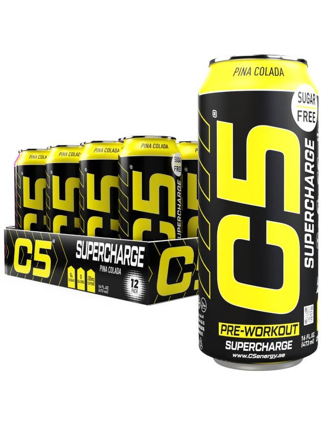 C5 Energy Drink Supercharge Pina Colada, Pre-Workout, 200mg Caffeine, Sugar Free, Zero Calories with Beta Alanine, L-Arginine 16fl.OZ, 473ml pre workout supplement Pack of 12