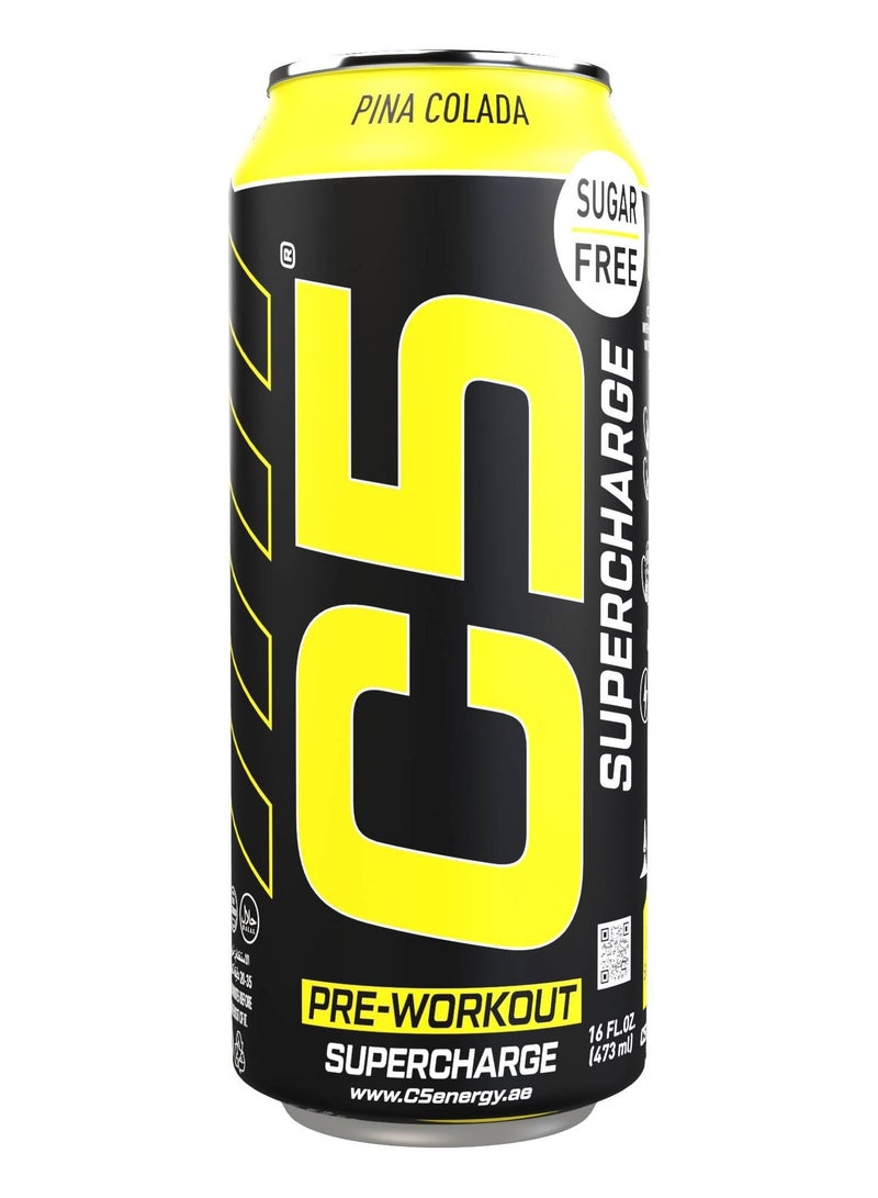 C5 Energy Drink Supercharge Pina Colada, Pre-Workout, 200mg Caffeine, Sugar Free, Zero Calories with Beta Alanine, L-Arginine 16fl.OZ, 473ml pre workout supplement Pack of 12