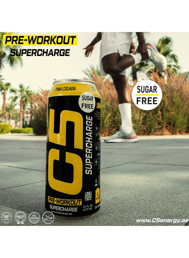 C5 Energy Drink Supercharge Pina Colada, Pre-Workout, 200mg Caffeine, Sugar Free, Zero Calories with Beta Alanine, L-Arginine 16fl.OZ, 473ml pre workout supplement Pack of 12