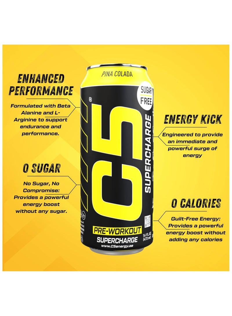 C5 Energy Drink Supercharge Pina Colada, Pre-Workout, 200mg Caffeine, Sugar Free, Zero Calories with Beta Alanine, L-Arginine 16fl.OZ, 473ml pre workout supplement Pack of 12