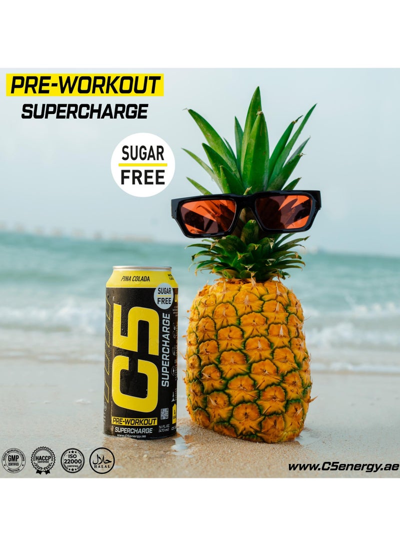 C5 Energy Drink Supercharge Pina Colada, Pre-Workout, 200mg Caffeine, Sugar Free, Zero Calories with Beta Alanine, L-Arginine 16fl.OZ, 473ml pre workout supplement Pack of 12