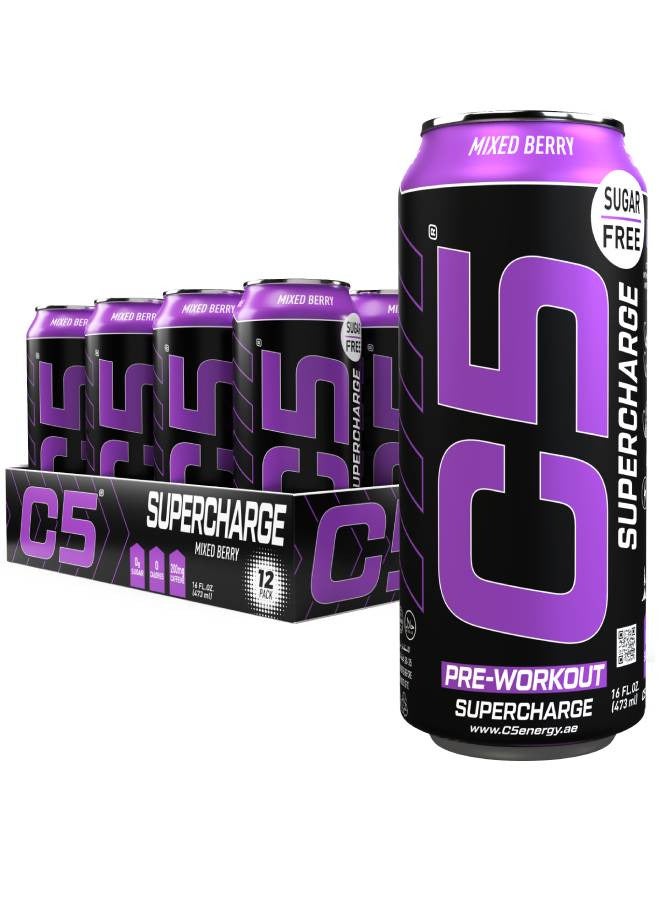 C5 Energy Drink Supercharge Mixed Berry, Pre-Workout, 200mg Caffeine, Sugar Free, Zero Calories with Beta Alanine, L-Arginine 16fl.OZ, 473ml pre workout supplement Pack of 12