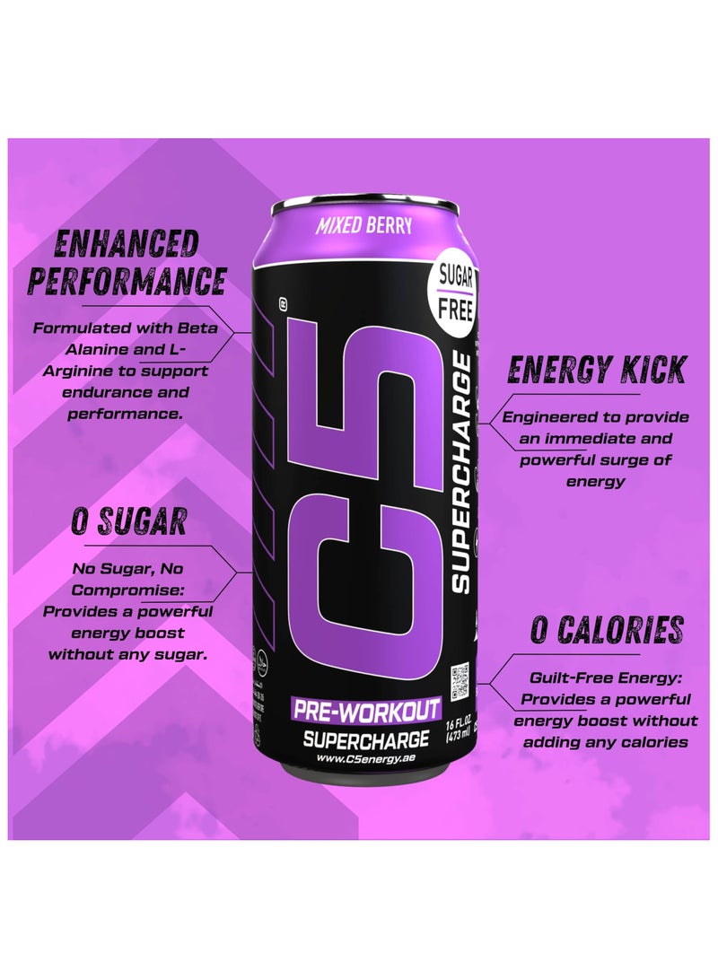 C5 Energy Drink Supercharge Mixed Berry, Pre-Workout, 200mg Caffeine, Sugar Free, Zero Calories with Beta Alanine, L-Arginine 16fl.OZ, 473ml pre workout supplement Pack of 12