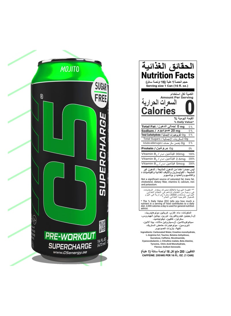 C5 Energy Drink Supercharge Mojito, Pre-Workout, 200mg Caffeine, Sugar Free, Zero Calories with Beta Alanine, L-Arginine 16fl.OZ, 473ml pre workout supplement Pack of 12