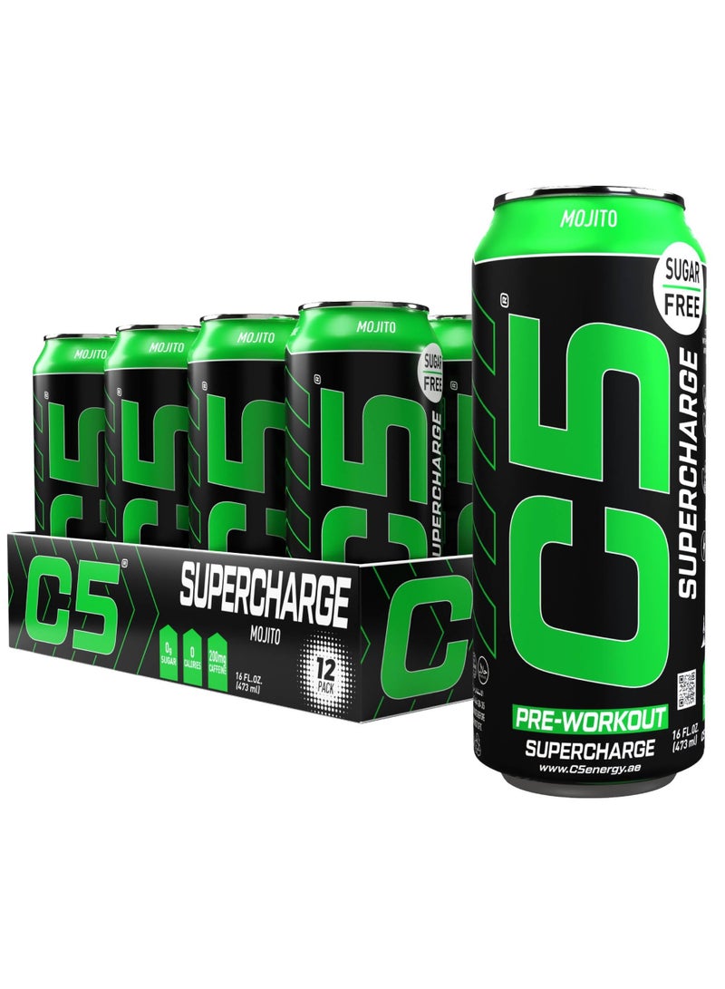 C5 Energy Drink Supercharge Mojito, Pre-Workout, 200mg Caffeine, Sugar Free, Zero Calories with Beta Alanine, L-Arginine 16fl.OZ, 473ml pre workout supplement Pack of 12