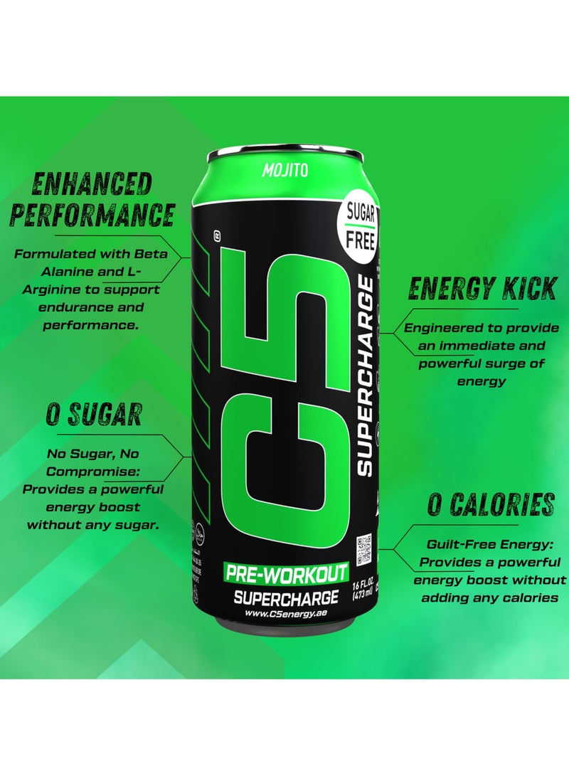 C5 Energy Drink Supercharge Mojito, Pre-Workout, 200mg Caffeine, Sugar Free, Zero Calories with Beta Alanine, L-Arginine 16fl.OZ, 473ml pre workout supplement Pack of 12