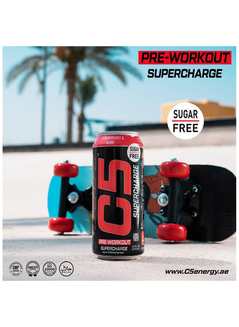 C5 Energy Drink Supercharge Strawberry & Kiwi, Pre-Workout, 200mg Caffeine, Sugar Free, Zero Calories with Beta Alanine, L-Arginine 16fl.OZ, 473ml pre workout supplement Pack of 12