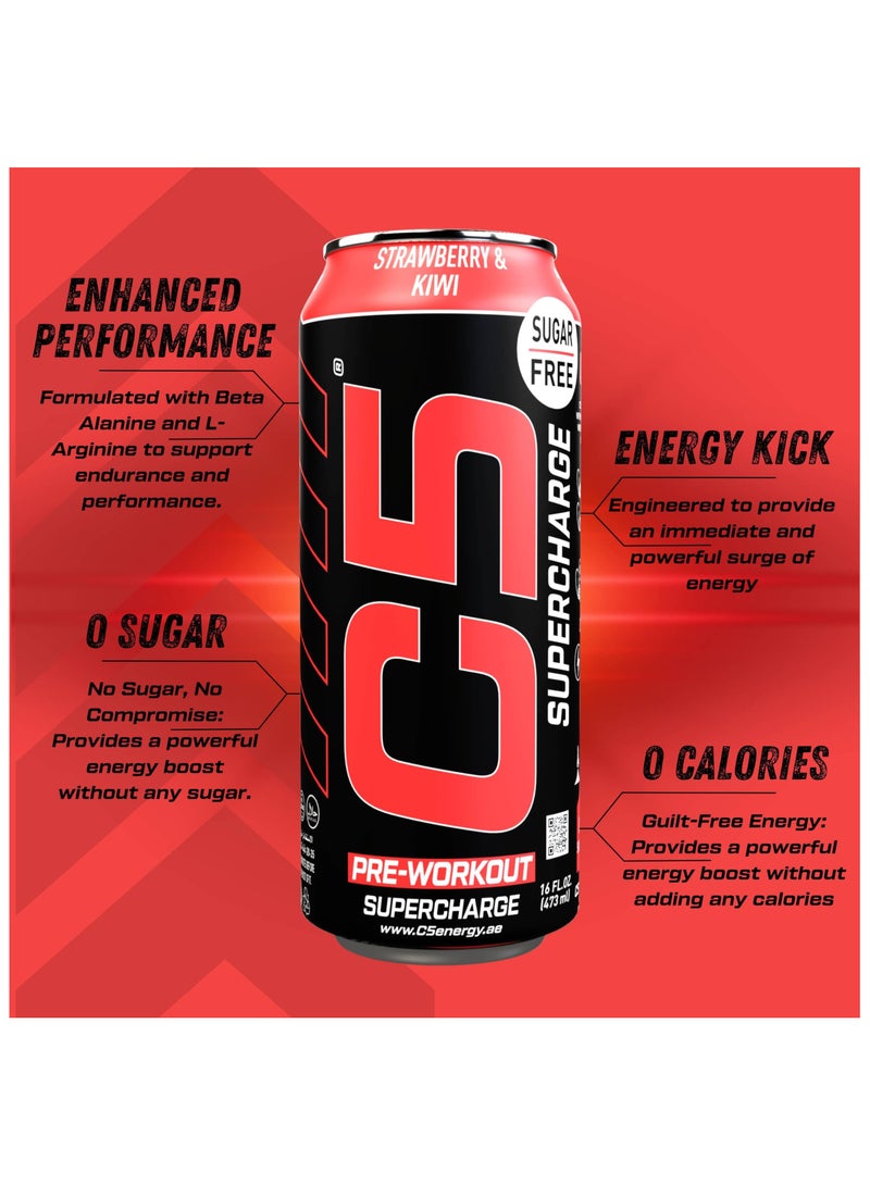 C5 Energy Drink Supercharge Strawberry & Kiwi, Pre-Workout, 200mg Caffeine, Sugar Free, Zero Calories with Beta Alanine, L-Arginine 16fl.OZ, 473ml pre workout supplement Pack of 12