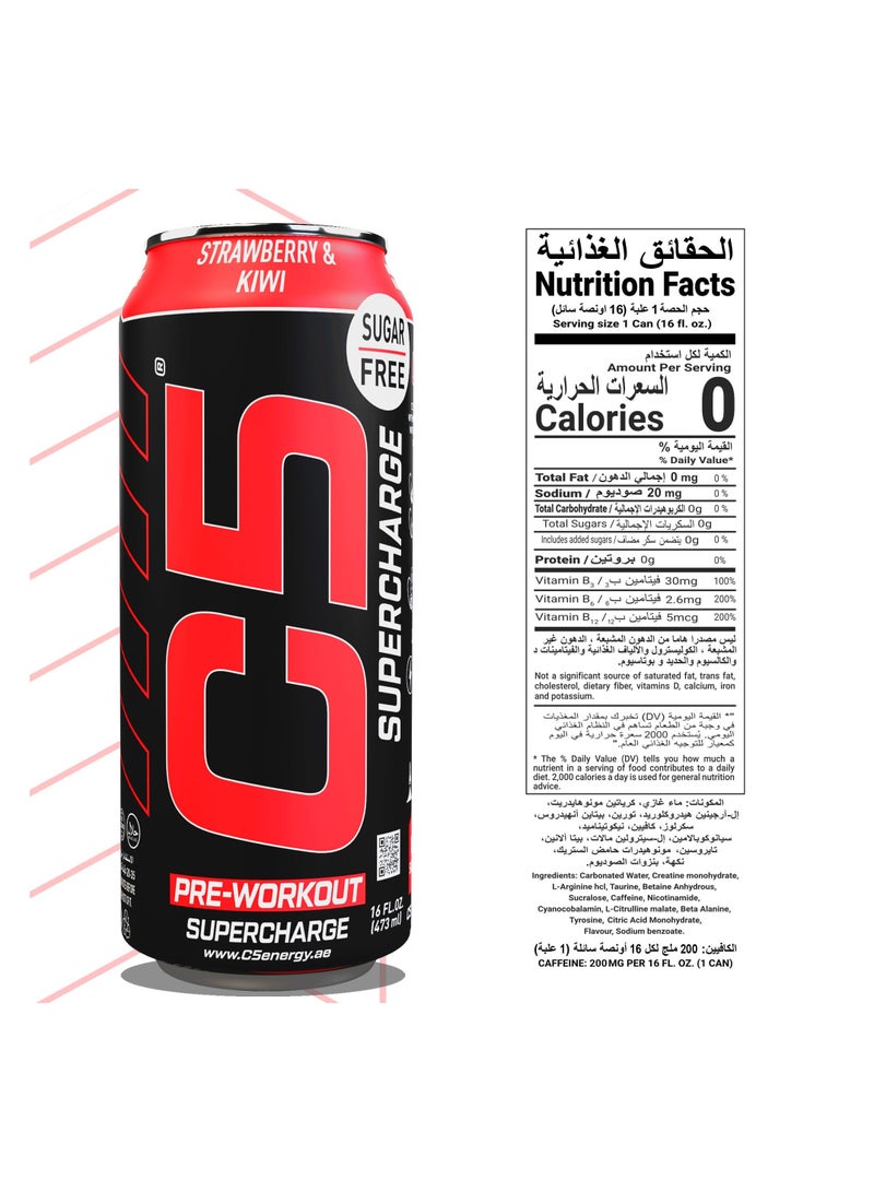 C5 Energy Drink Supercharge Strawberry & Kiwi, Pre-Workout, 200mg Caffeine, Sugar Free, Zero Calories with Beta Alanine, L-Arginine 16fl.OZ, 473ml pre workout supplement Pack of 12