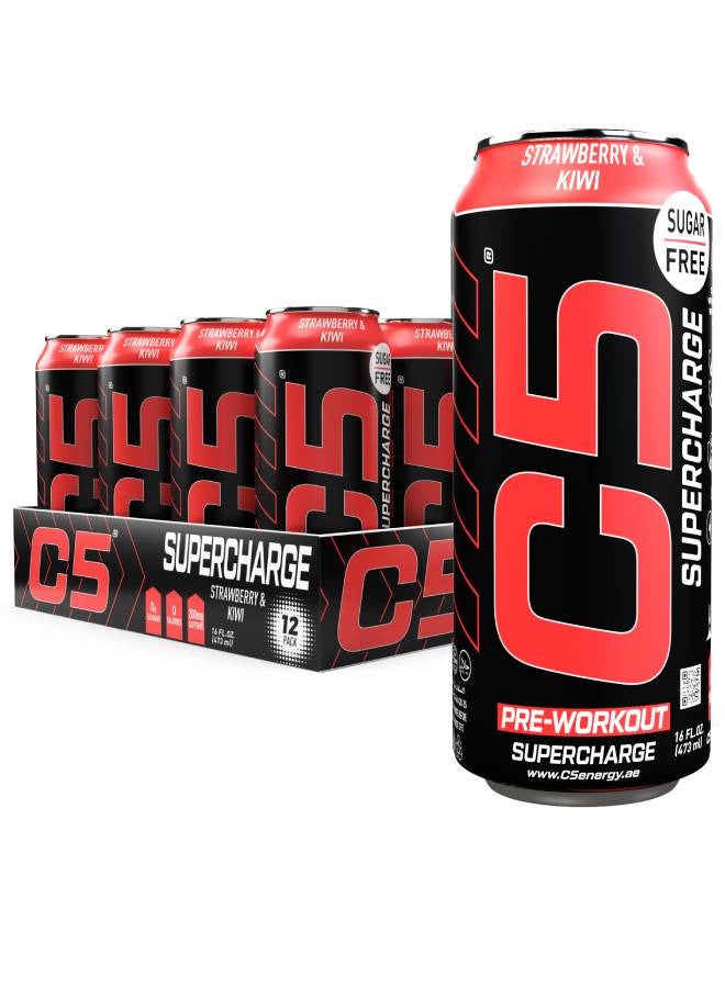 C5 Energy Drink Supercharge Strawberry & Kiwi, Pre-Workout, 200mg Caffeine, Sugar Free, Zero Calories with Beta Alanine, L-Arginine 16fl.OZ, 473ml pre workout supplement Pack of 12