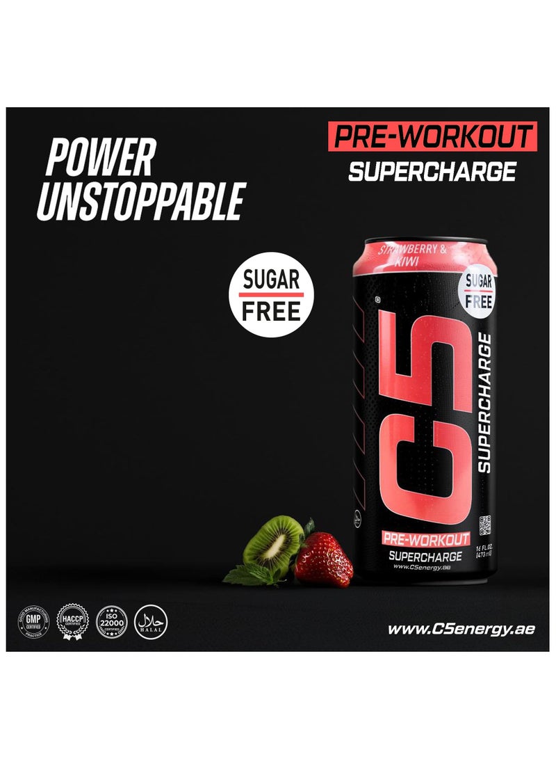 C5 Energy Drink Supercharge Strawberry & Kiwi, Pre-Workout, 200mg Caffeine, Sugar Free, Zero Calories with Beta Alanine, L-Arginine 16fl.OZ, 473ml pre workout supplement Pack of 12