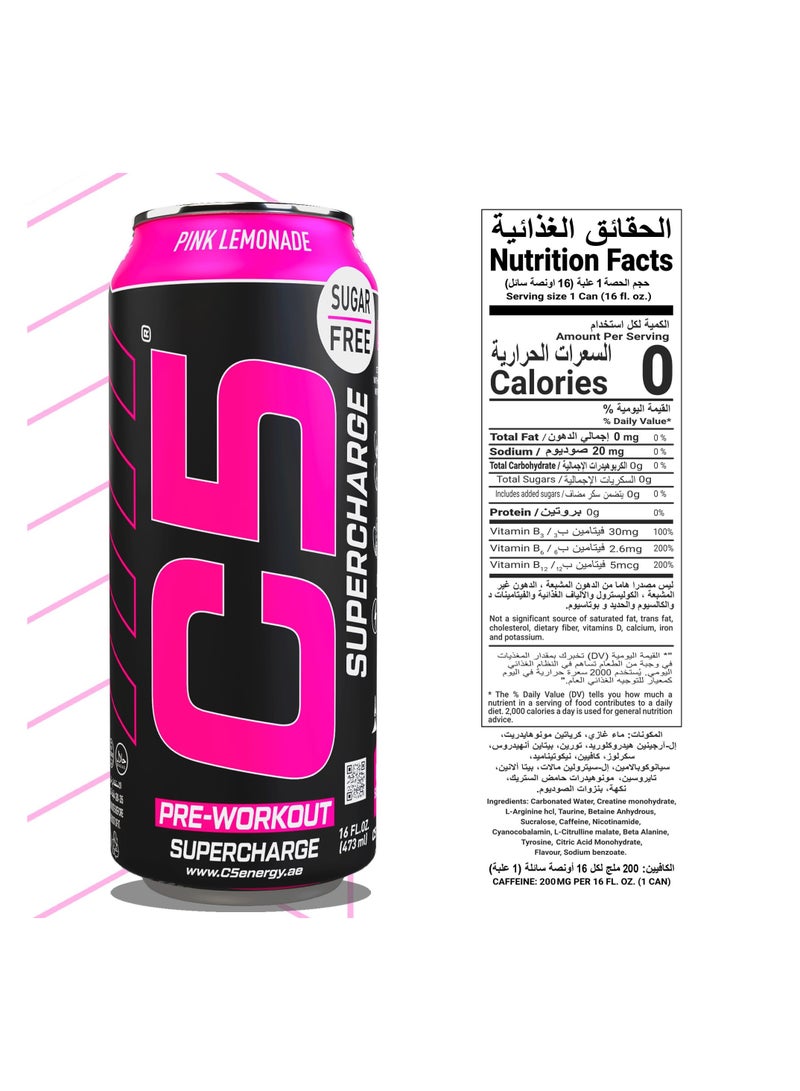 C5 Energy Drink Supercharge Pink Lemonade, Pre-Workout, 200mg Caffeine, Sugar Free, Zero Calories with Beta Alanine, L-Arginine 16fl.OZ, 473ml pre workout supplement Pack of 12