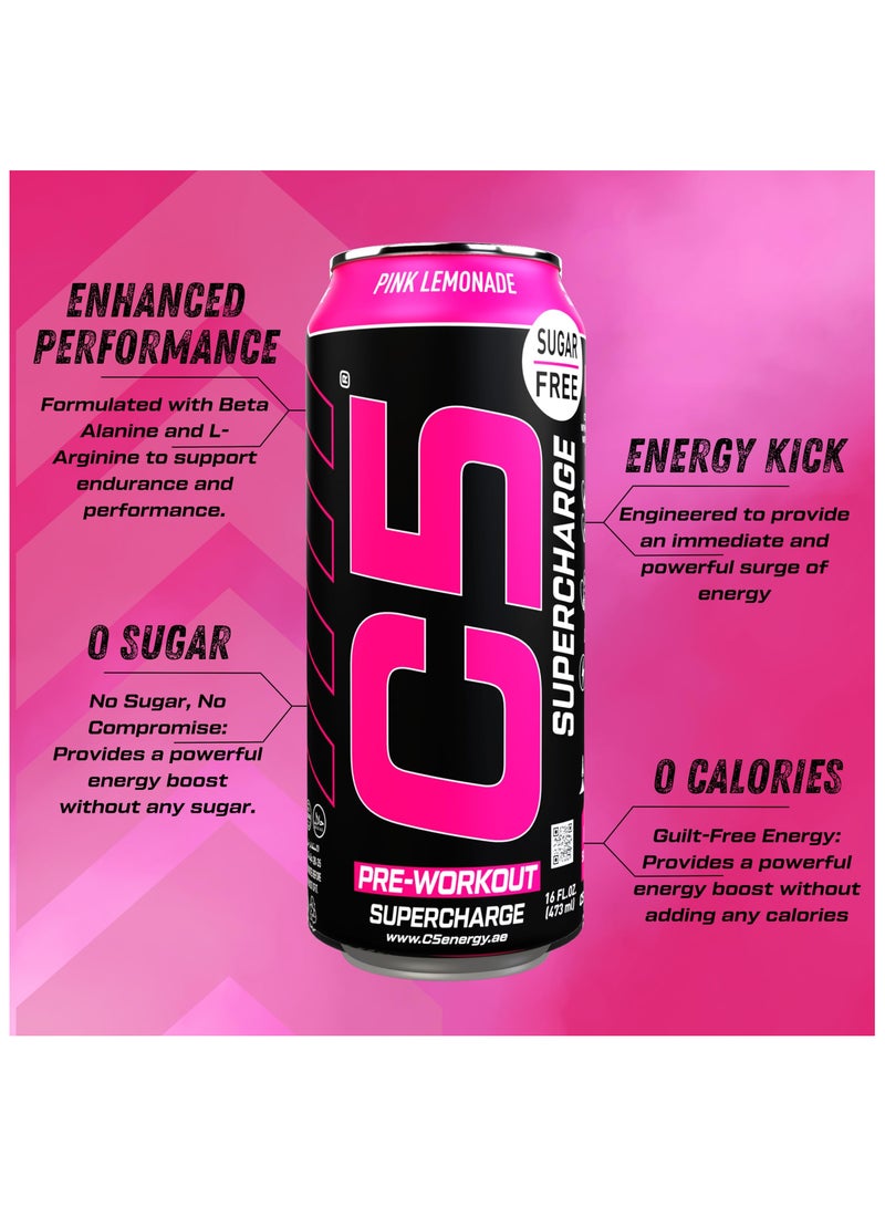 C5 Energy Drink Supercharge Pink Lemonade, Pre-Workout, 200mg Caffeine, Sugar Free, Zero Calories with Beta Alanine, L-Arginine 16fl.OZ, 473ml pre workout supplement Pack of 12