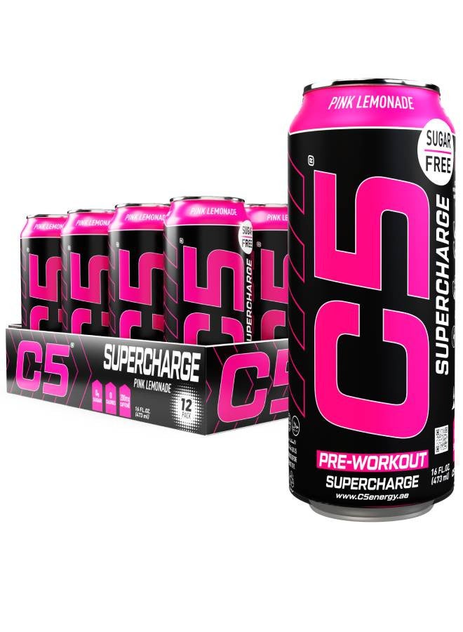 C5 Energy Drink Supercharge Pink Lemonade, Pre-Workout, 200mg Caffeine, Sugar Free, Zero Calories with Beta Alanine, L-Arginine 16fl.OZ, 473ml pre workout supplement Pack of 12