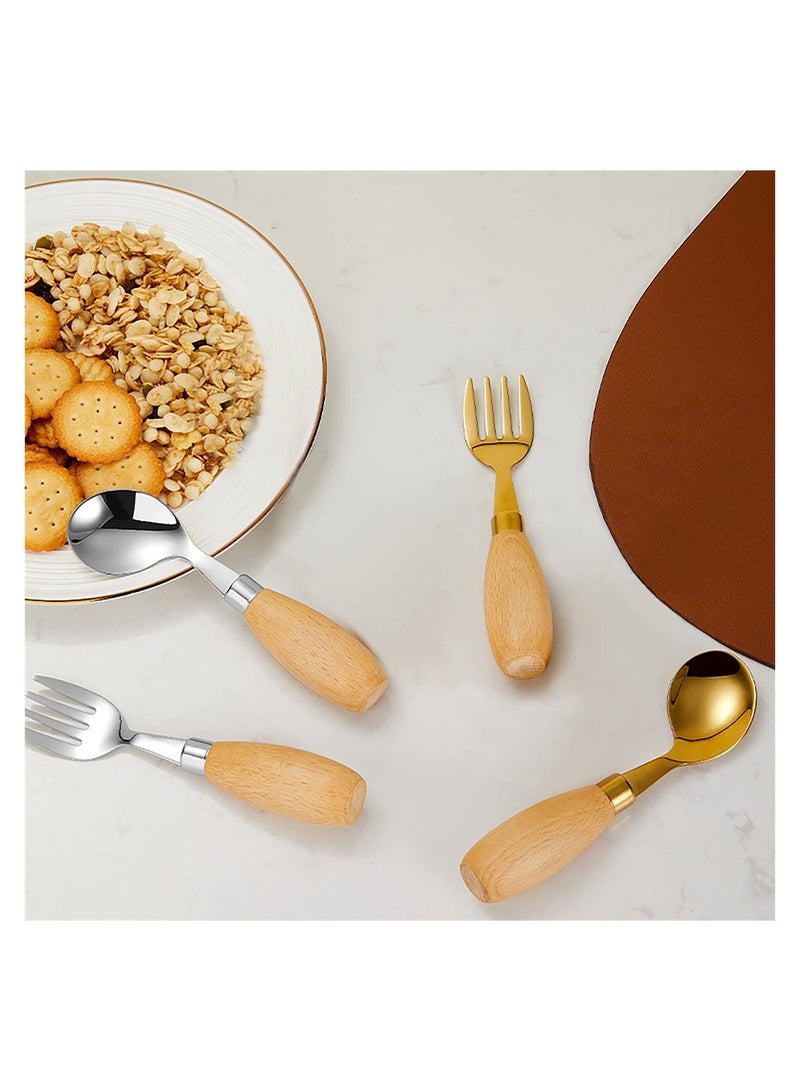 Travel Friendly Kids Utensil Set with Safe Round Handle Wooden and Stainless Steel Forks Spoons for Toddlers 4 Pieces in Golden and Silver