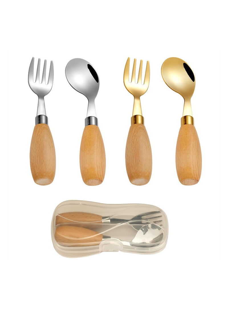 Travel Friendly Kids Utensil Set with Safe Round Handle Wooden and Stainless Steel Forks Spoons for Toddlers 4 Pieces in Golden and Silver