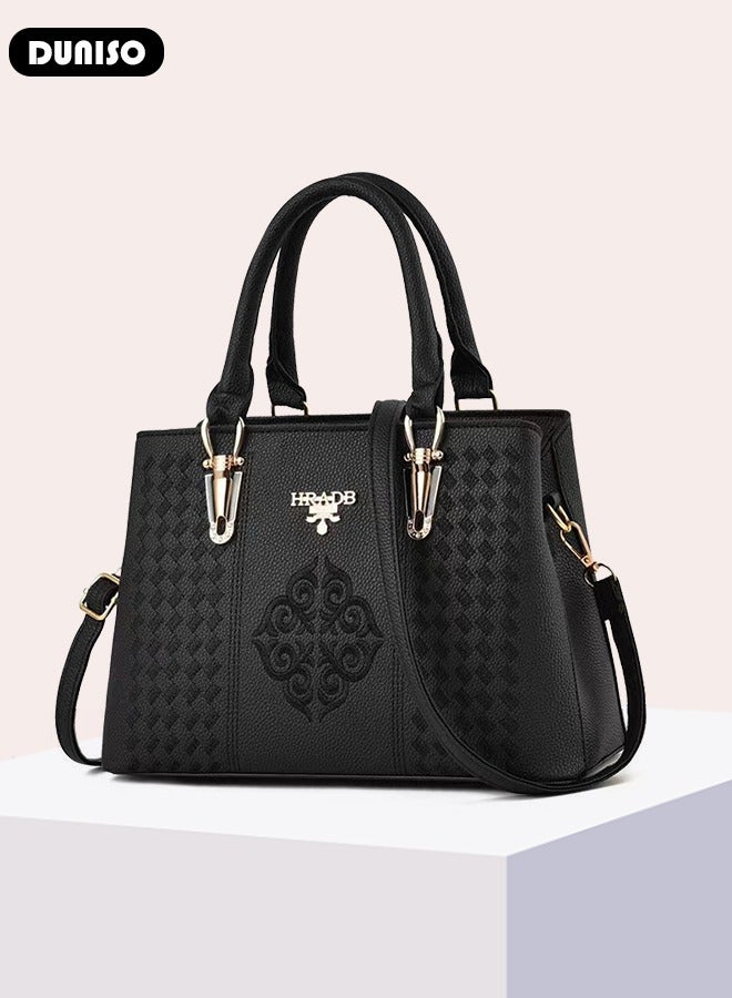 Women's Fashion Handbag Faux Leather Crossbody Bag For Women Large Capacity Embroidery Tote Bags Top Handle Satchel Fashionable Travel Shoulder Bag For Ladies