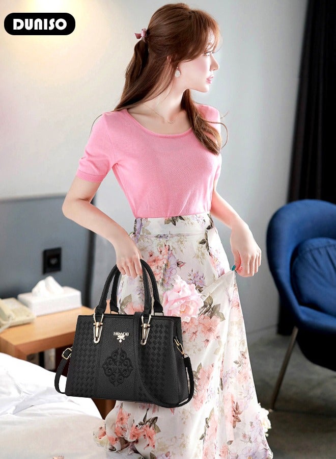 Women's Fashion Handbag Faux Leather Crossbody Bag For Women Large Capacity Embroidery Tote Bags Top Handle Satchel Fashionable Travel Shoulder Bag For Ladies