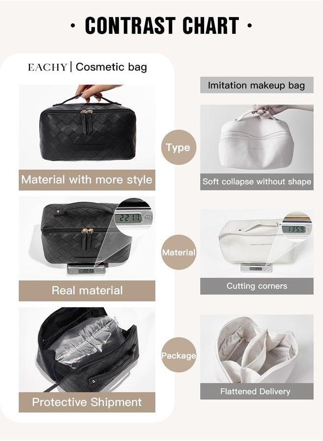 Travel Makeup Bag,Large Capacity Cosmetic Bags for Women,Waterproof Portable Pouch Open Flat Toiletry Bag Make up Organizer with Divider and Handle (Braided-Black)