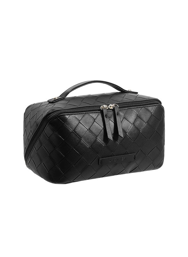 Travel Makeup Bag,Large Capacity Cosmetic Bags for Women,Waterproof Portable Pouch Open Flat Toiletry Bag Make up Organizer with Divider and Handle (Braided-Black)