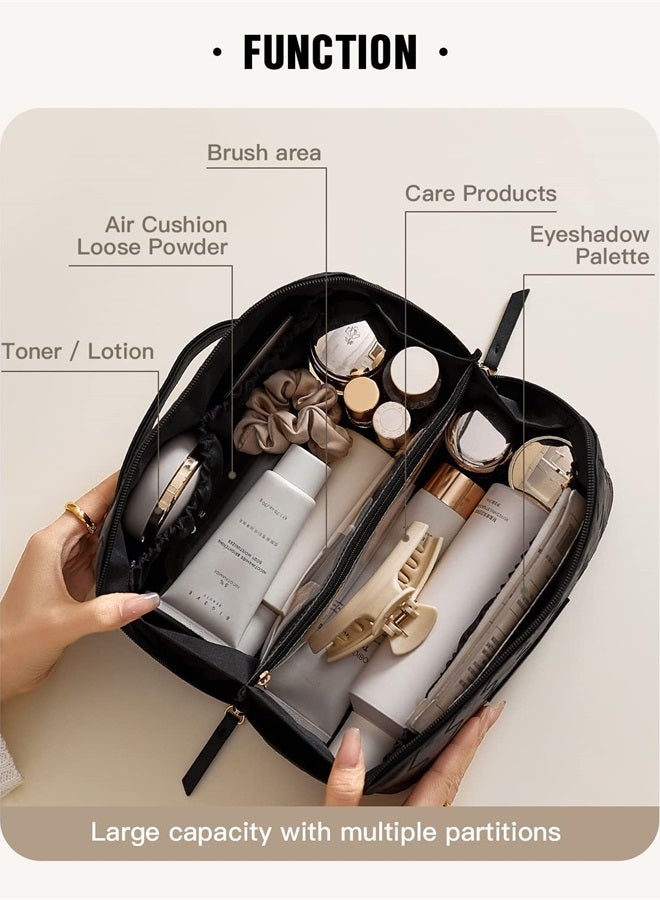 Travel Makeup Bag,Large Capacity Cosmetic Bags for Women,Waterproof Portable Pouch Open Flat Toiletry Bag Make up Organizer with Divider and Handle (Braided-Black)