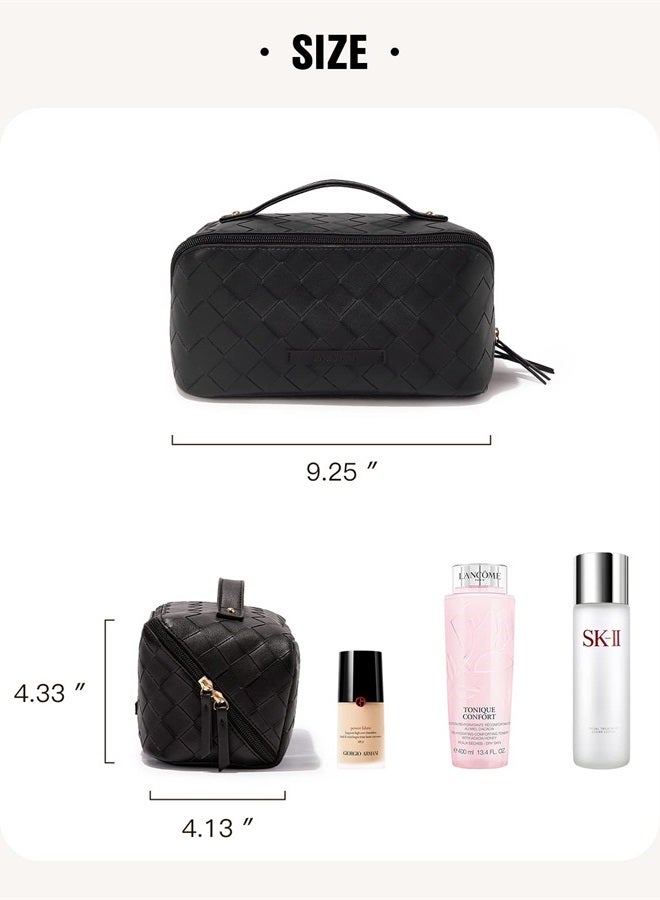 Travel Makeup Bag,Large Capacity Cosmetic Bags for Women,Waterproof Portable Pouch Open Flat Toiletry Bag Make up Organizer with Divider and Handle (Braided-Black)