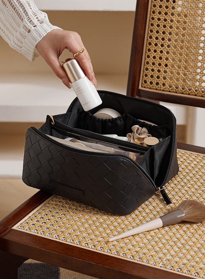 Travel Makeup Bag,Large Capacity Cosmetic Bags for Women,Waterproof Portable Pouch Open Flat Toiletry Bag Make up Organizer with Divider and Handle (Braided-Black)