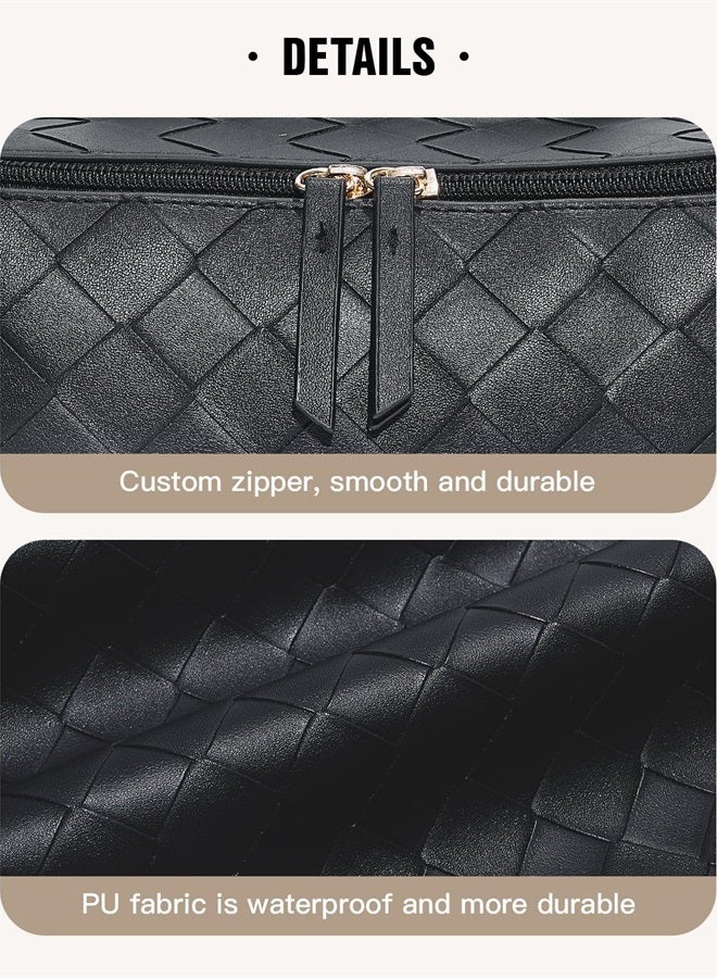 Travel Makeup Bag,Large Capacity Cosmetic Bags for Women,Waterproof Portable Pouch Open Flat Toiletry Bag Make up Organizer with Divider and Handle (Braided-Black)