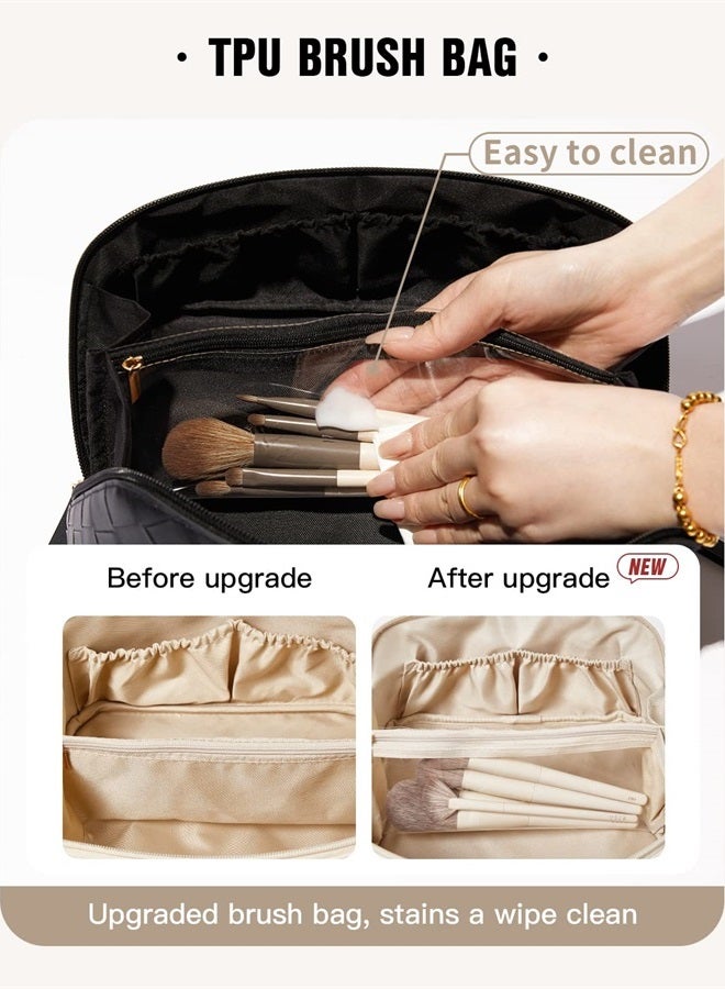 Travel Makeup Bag,Large Capacity Cosmetic Bags for Women,Waterproof Portable Pouch Open Flat Toiletry Bag Make up Organizer with Divider and Handle (Braided-Black)