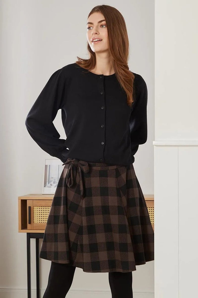 Women Belted Plaid Mini Skirt, Brown/Black