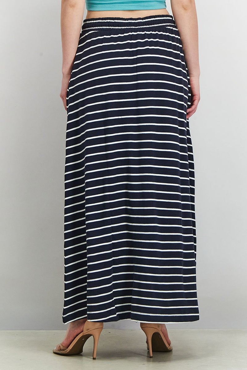 Women Stripe Side Pocket Casual Maxi Skirts, Navy Blue/White