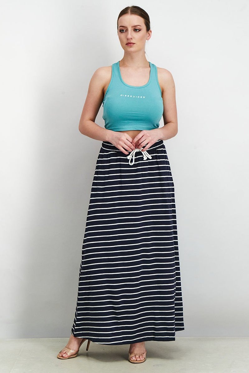 Women Stripe Side Pocket Casual Maxi Skirts, Navy Blue/White