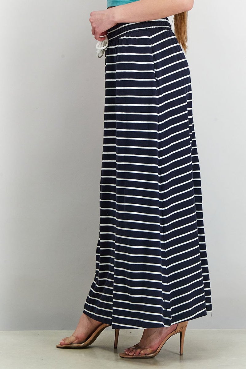 Women Stripe Side Pocket Casual Maxi Skirts, Navy Blue/White