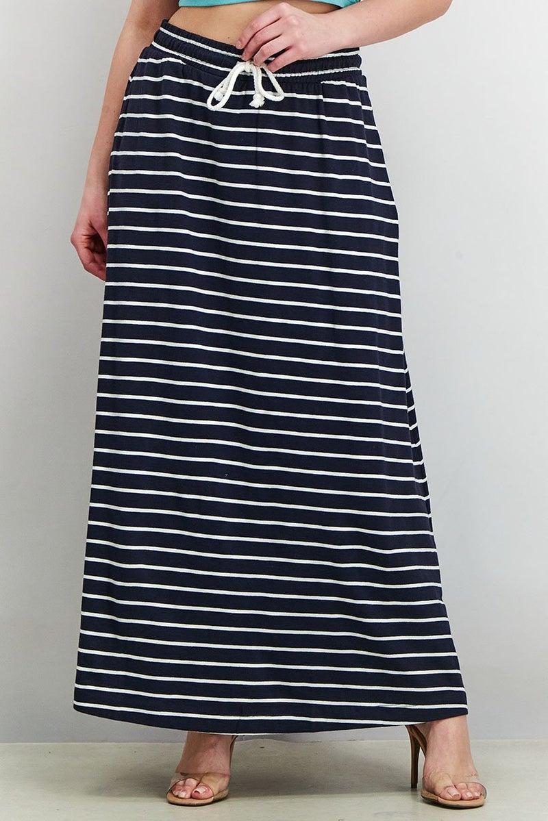 Women Stripe Side Pocket Casual Maxi Skirts, Navy Blue/White