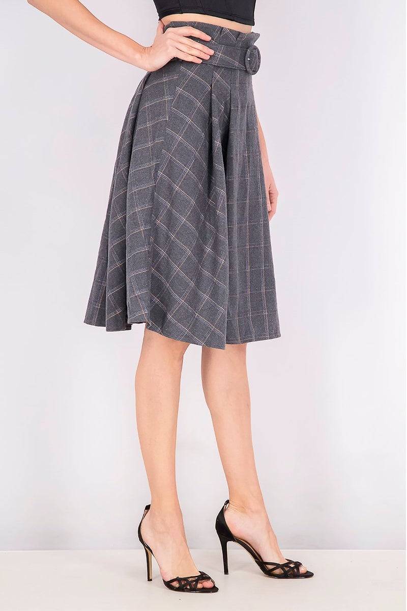 Women Plaid Belted Flared Skirt, Grey Combo