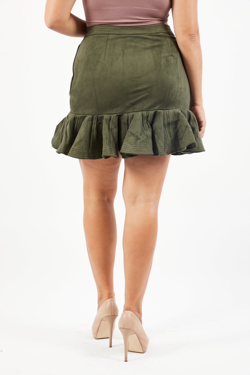 Women Buckle Belt Mini Skirt, Olive Green