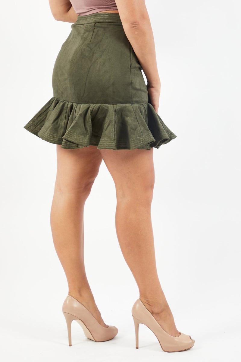 Women Buckle Belt Mini Skirt, Olive Green