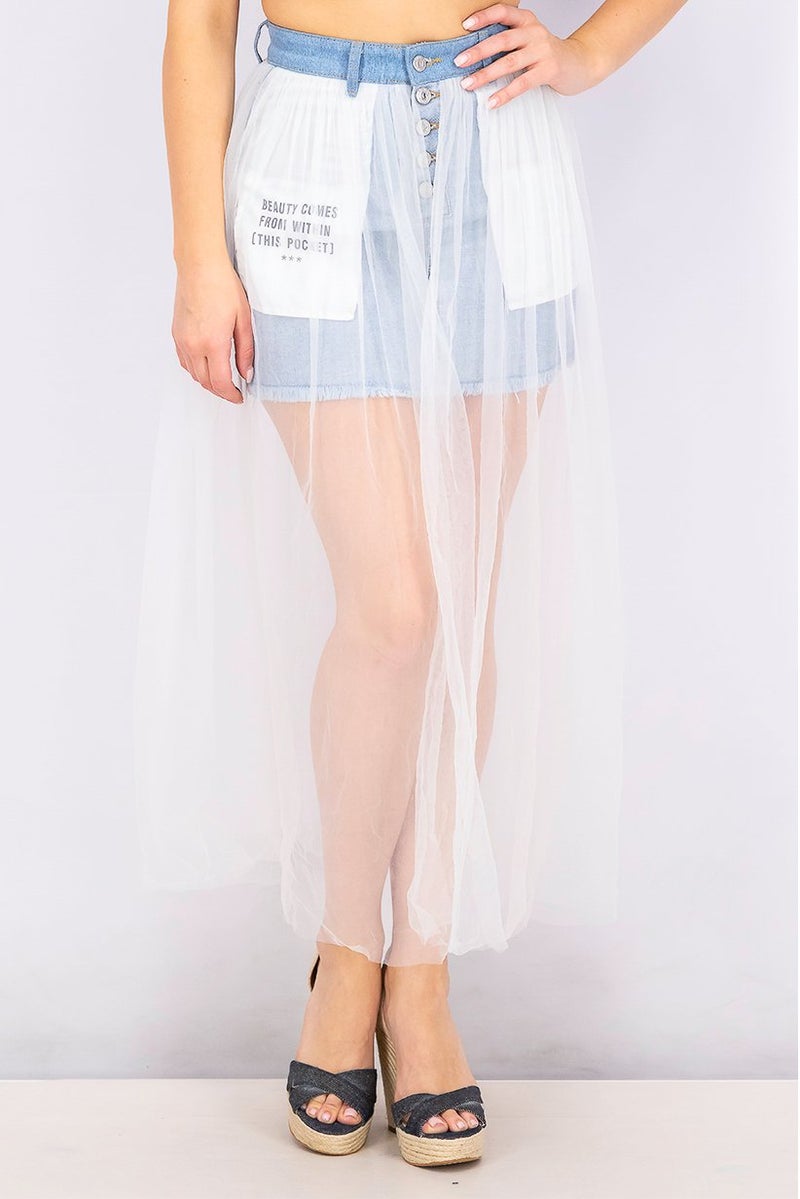 Women Cara Mesh Denim Skirt, Blue/White