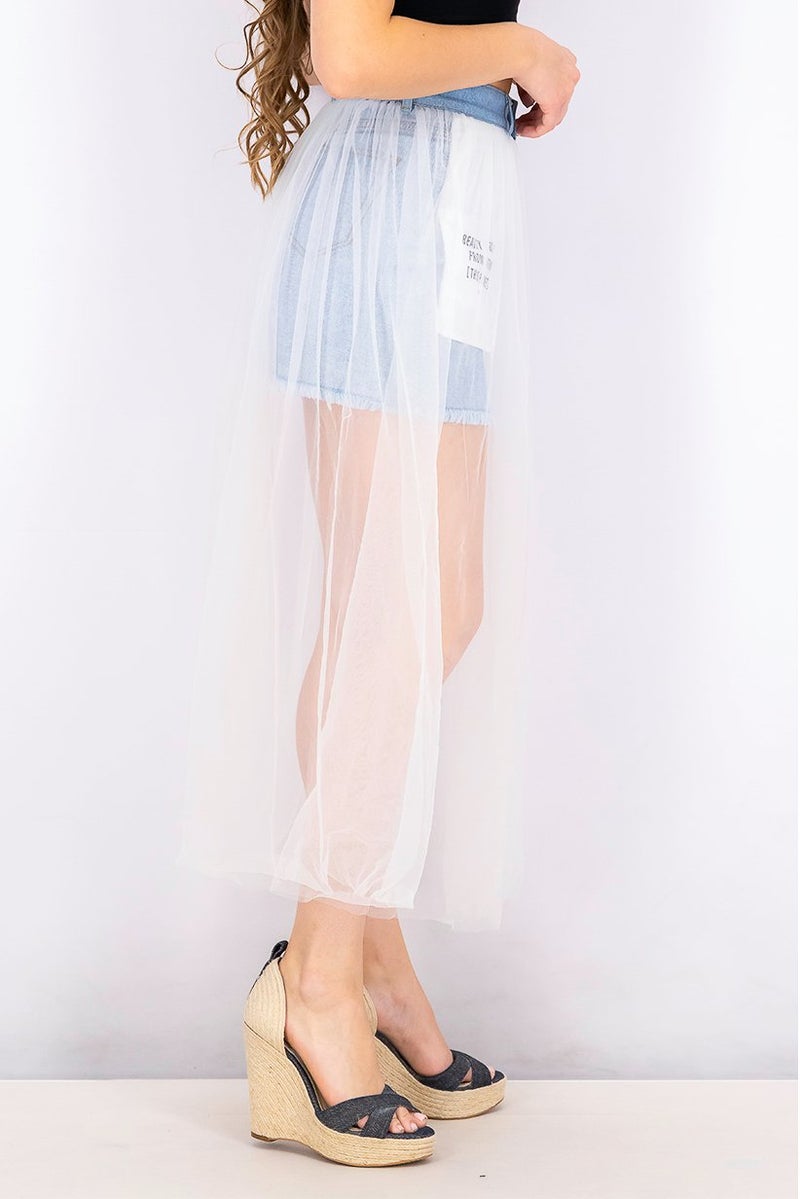 Women Cara Mesh Denim Skirt, Blue/White