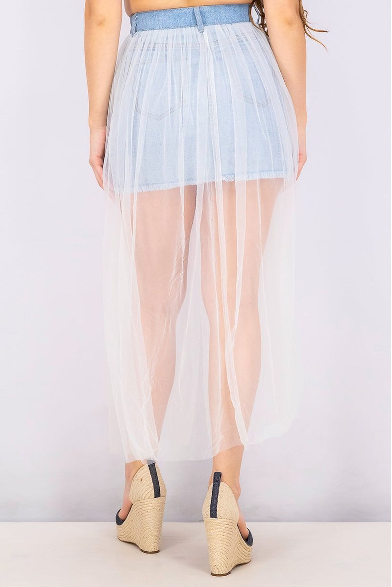 Women Cara Mesh Denim Skirt, Blue/White