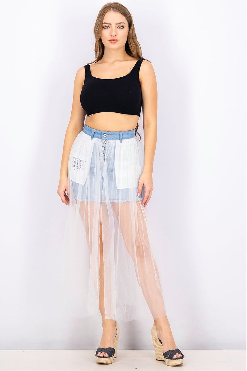 Women Cara Mesh Denim Skirt, Blue/White