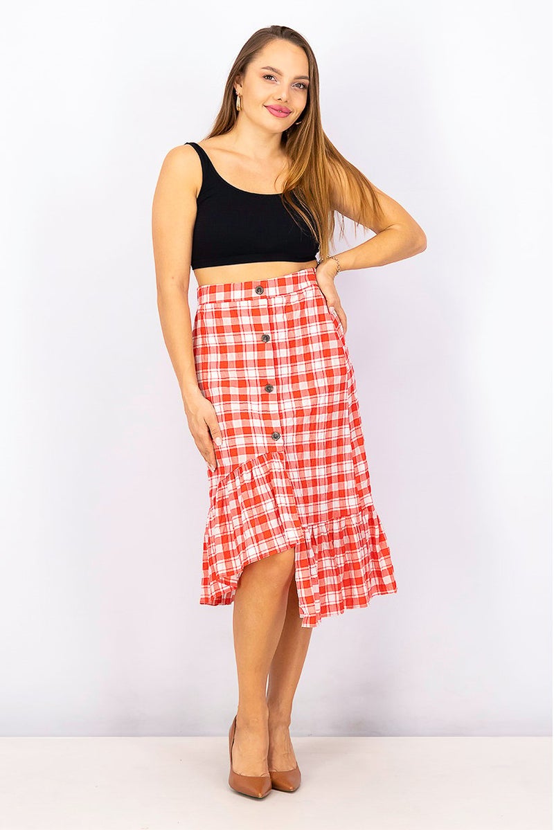 Women Checkered Bubble Skirt, Red